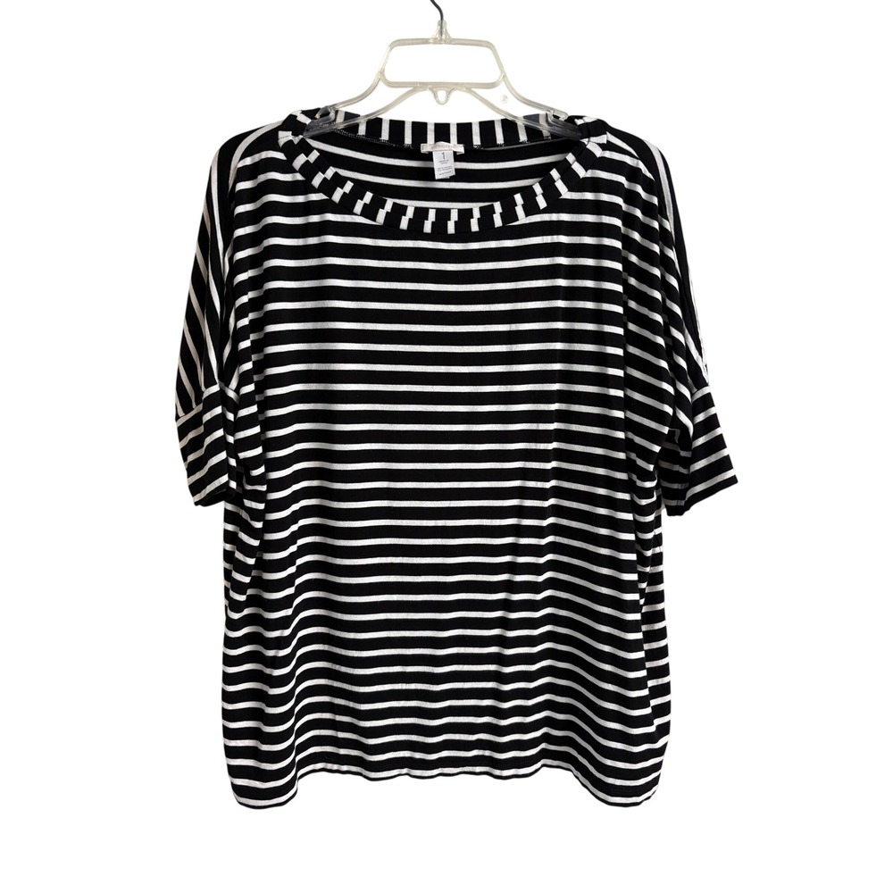 Chicos Black White Striped Boat Neck Knit Top Size 1 M Preppy Nautical